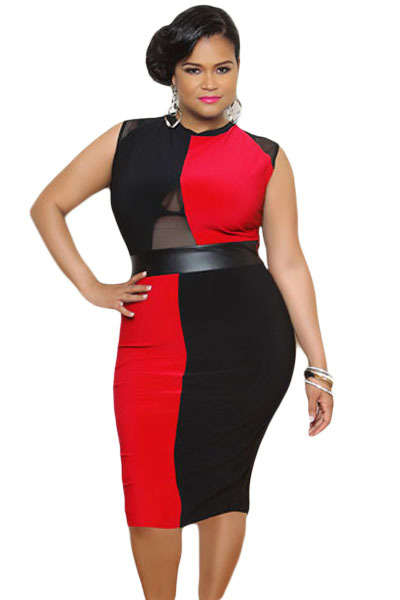 **PLUS SIZE** BLACK AND RED COLOUR BLOCK DETAIL SLEEVELESS DRESS