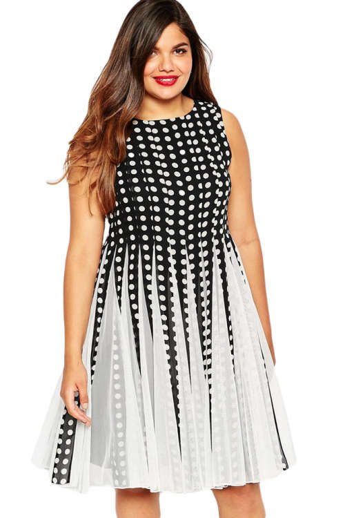 **PLUS SIZE** PRETTY POLKA DOT WITH MESH INSERT SKATER DRESS