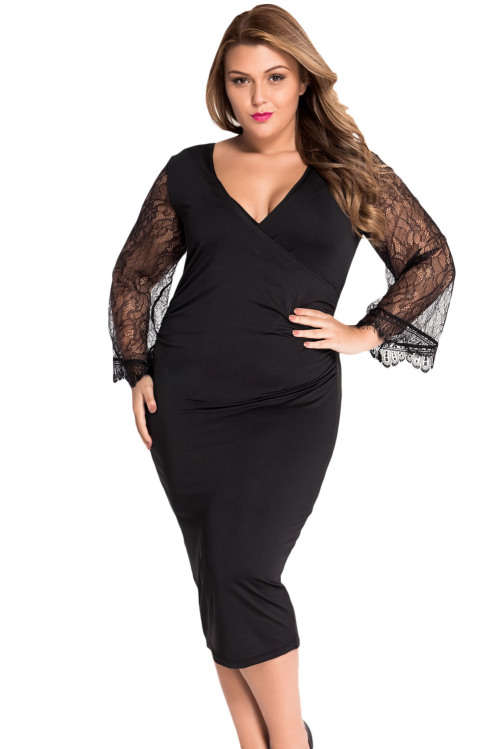 *Local Stock* Womens Plus Size Black Eyelash Lace Long Sleeve Knee Length Cross Over Midi Dress