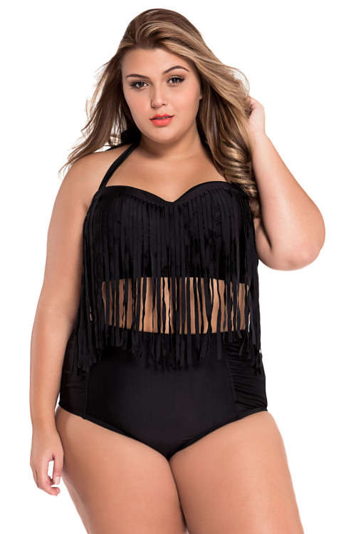 **Local Stock Plus Size Womens Black Fringe Padded Underwire Support Swimsuit High Waist Bikini