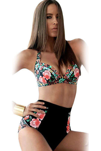 High Waist Retro Floral Print Padded Bikini Swimsuit Costume Beachwear