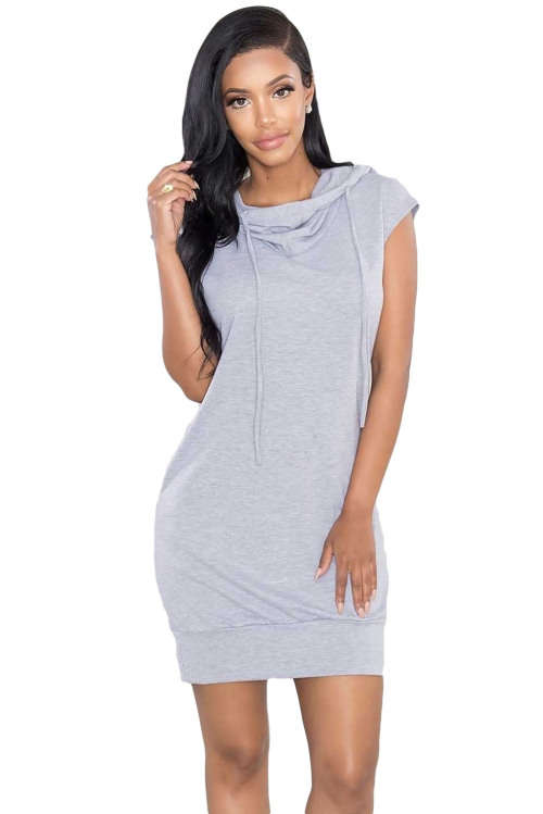 Grey Hooded Shirt Dress Casual Summer Party Cap Sleeve