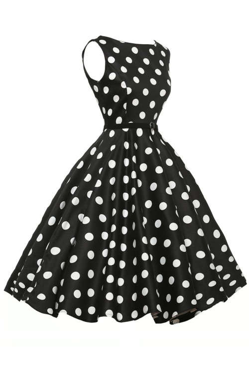 Black With White Polka Dot Vintage Swing Dress Formal Cocktail Party Night Club Evening Wear