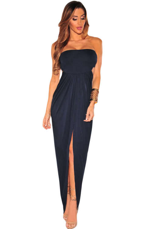 Navy Draped Strapless Sleeveless Maxi Dress Formal Cocktail Party Night Club Evening Wear