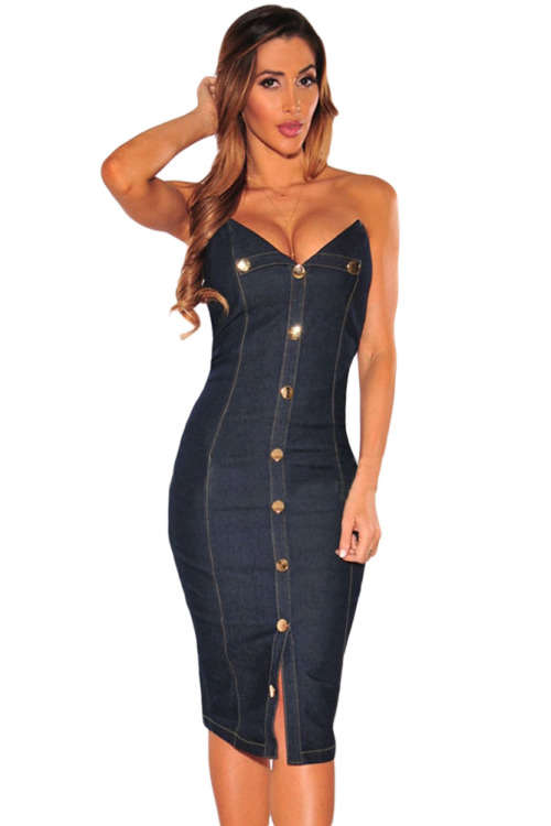 Denim Strapless Sleeveless Button Detail Midi Dress Formal Cocktail Party Night Club Evening Wear