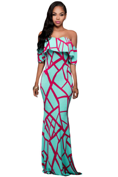Contrast Colour Off Shoulder Ruffle Top Maxi Dress Formal Cocktail Party Night Club Evening Wear