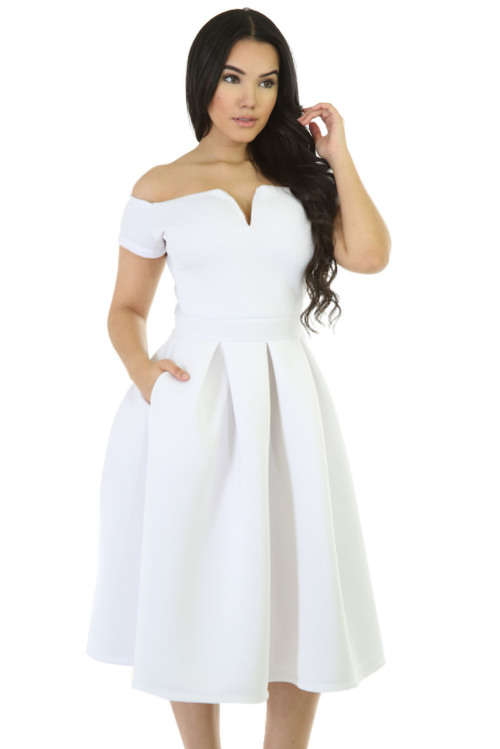 White Flared Off Shoulder Vintage Midi Dress Formal Cocktail Party Night Club Evening Wear