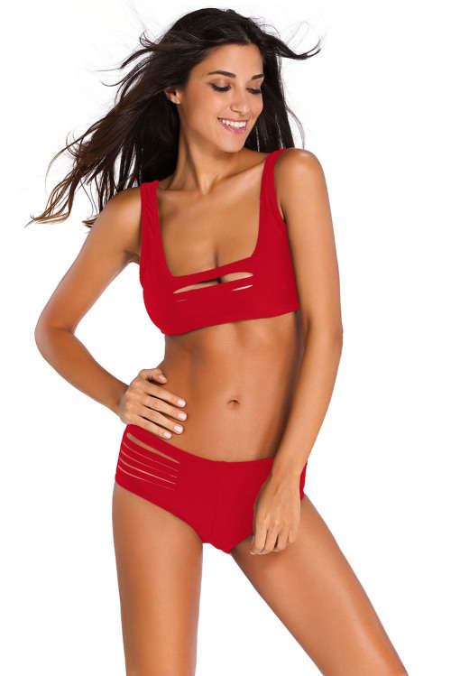 Red Two Piece Shredded Cut Out Bikini Swimsuit Swimwear Costume Beachwear