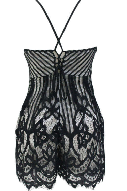 Black Lace Lined Relaxed Cross Back Deep V Neck Playsuit Romper