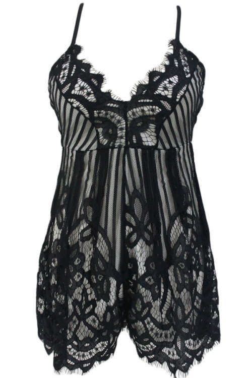 Black Lace Lined Relaxed Cross Back Deep V Neck Playsuit Romper