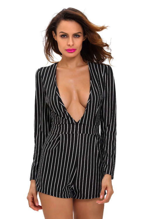 Black White Stripes Plunging V Neck Long Sleeve Romper Playsuit