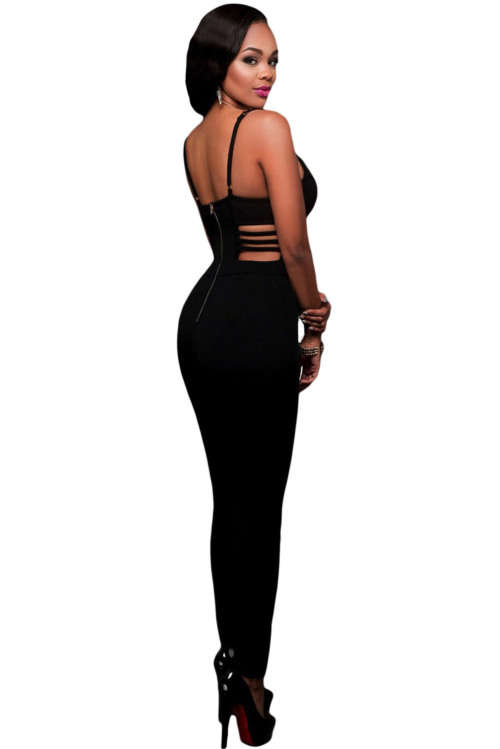 Black Padded Bustier Caged Look Cutaway Sleeveless Jumpsuit