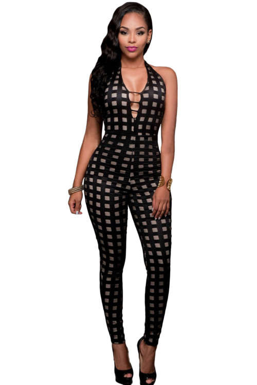 Checkered Pattern Deep V Neckline Sleeveless Jumpsuit