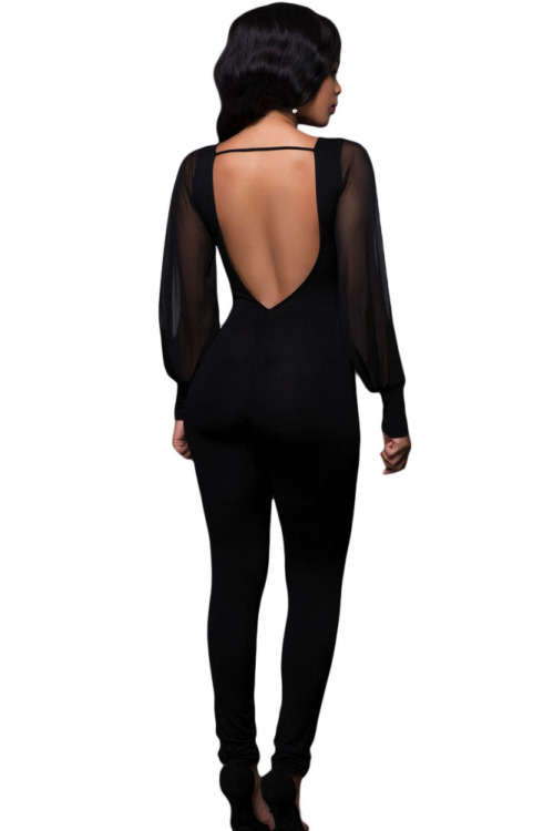 Black Sheer Split Sleeves Open Back Jumpsuit