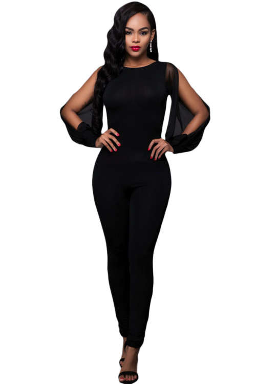 Black Sheer Split Sleeves Open Back Jumpsuit