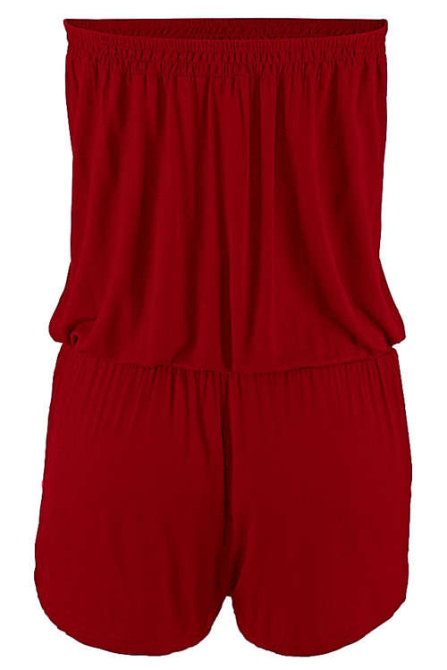 Burgendy Strapless Relaxed Summer Elastic Waist Romper Playsuit