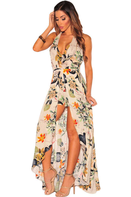 Cream Floral Print Maxi Skirt Overlay Deep V Neck Romper Playsuit