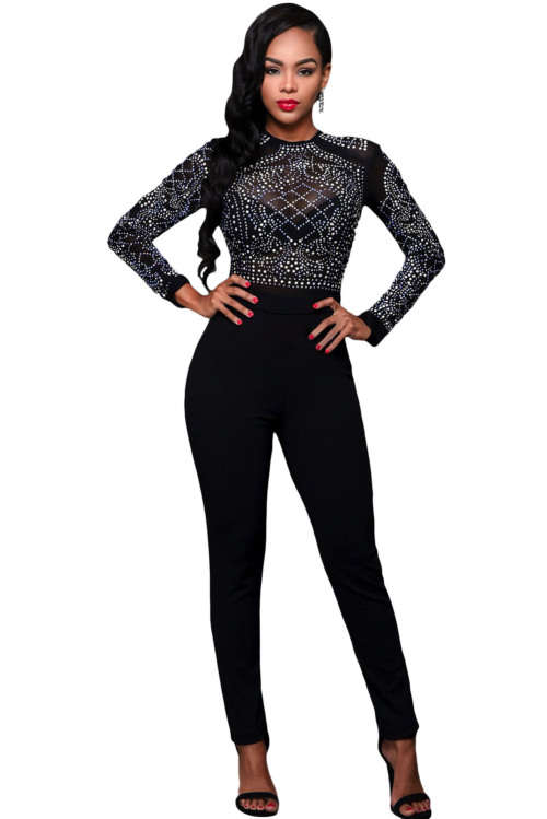 Black Long Sleeve Rhinestone Patterned Mesh Bodice Jumpsuit