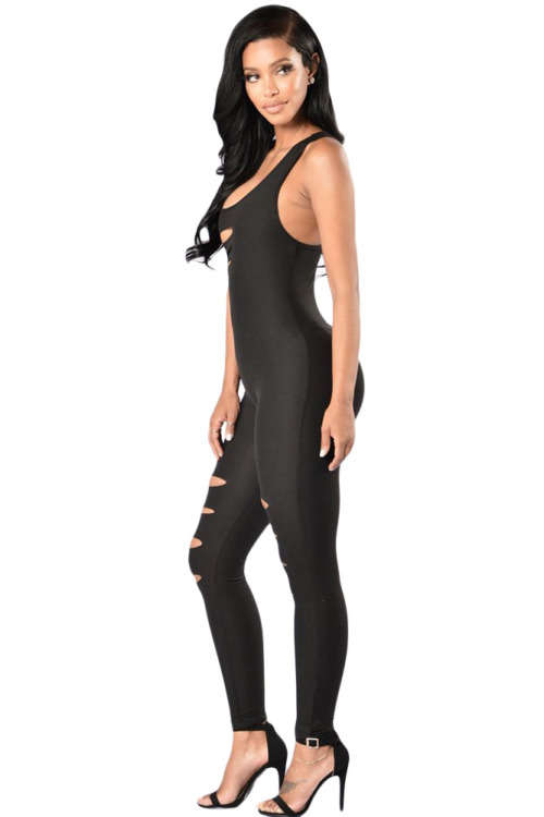 Black Skin Tight Cut Away Detail Sleeveless Jumpsuit