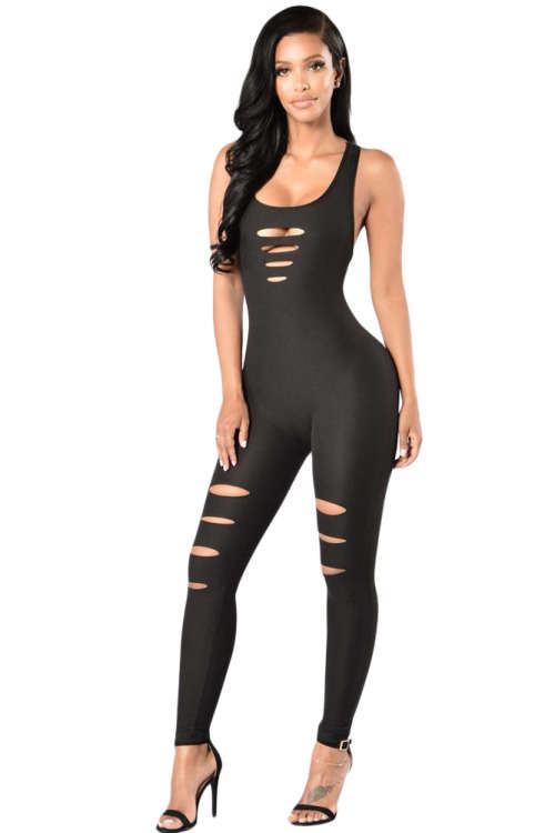 Black Skin Tight Cut Away Detail Sleeveless Jumpsuit