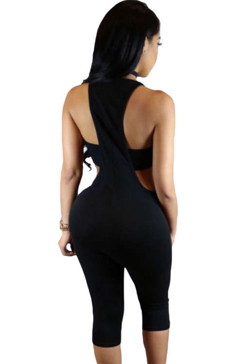 Black Cut Away Side Detail Cropped Jumpsuit