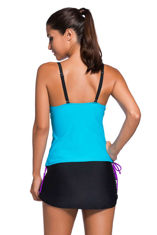 Purple Blue Colour Block Built in Bra Removable Padding Layered Tankini Skort Bottom Swimsuit