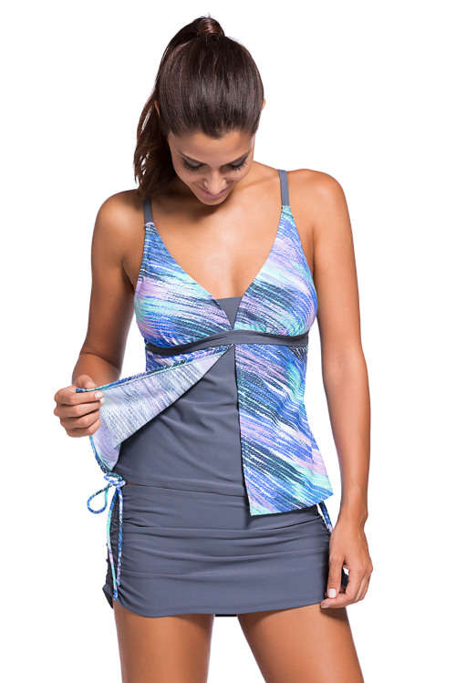 Colour Block Built in Bra Removable Padding Layered Tankini Skort Bottom Swimsuit
