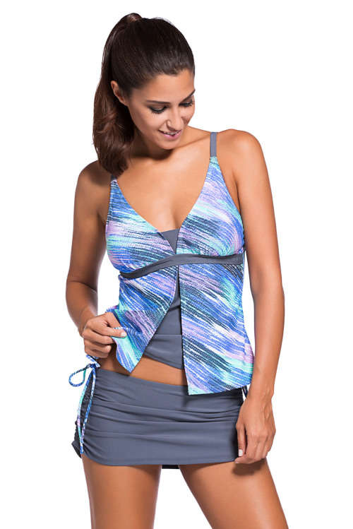Colour Block Built in Bra Removable Padding Layered Tankini Skort Bottom Swimsuit