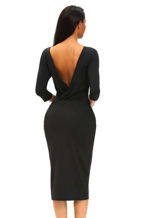 Black Wear Two Ways Bodycon Midi Dress Formal Cocktail Party Night Club Evening Wear