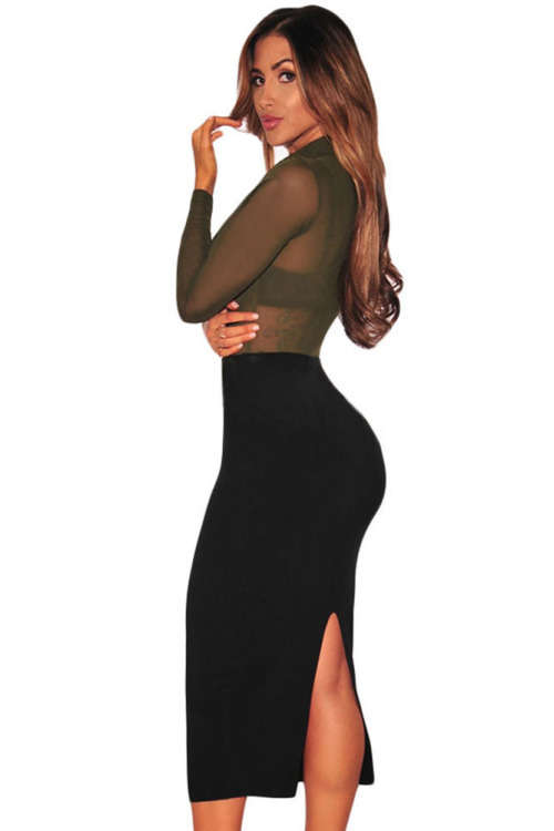 Green Sheer Mesh High Neck Long Sleeve Bodysuit