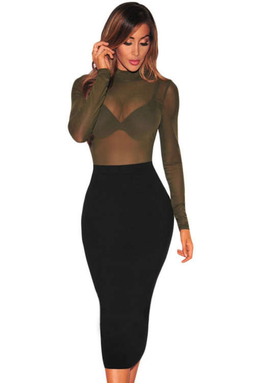 Green Sheer Mesh High Neck Long Sleeve Bodysuit
