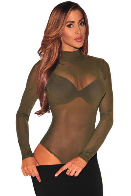 Green Sheer Mesh High Neck Long Sleeve Bodysuit