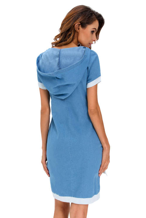 Lightweight Denim High Low Shirt Dress Hood Pocket Side Slit Diamante Stylish Party Summer Club