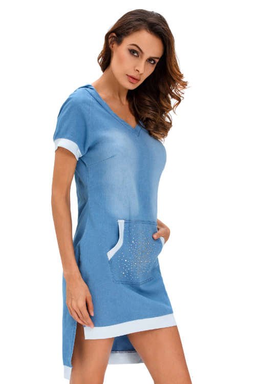 Lightweight Denim High Low Shirt Dress Hood Pocket Side Slit Diamante Stylish Party Summer Club