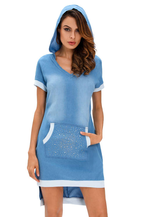 Lightweight Denim High Low Shirt Dress Hood Pocket Side Slit Diamante Stylish Party Summer Club