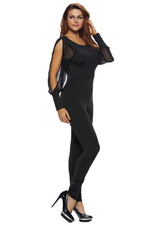 Black Sheer Split Sleeves Open Back Jumpsuit