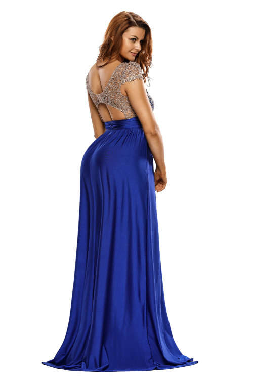 Women's Blue Gold Lace Overlay Side Slit Maxi Dress Formal Cocktail Party Night Club Evening Wear