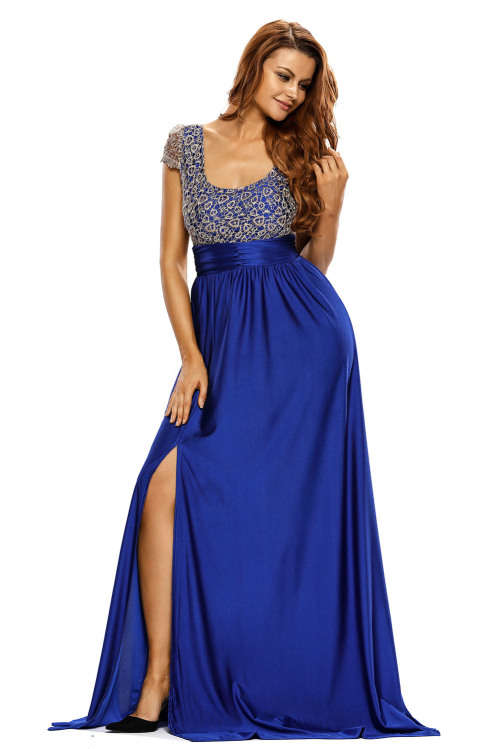 Women's Blue Gold Lace Overlay Side Slit Maxi Dress Formal Cocktail Party Night Club Evening Wear