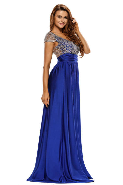 Women's Blue Gold Lace Overlay Side Slit Maxi Dress Formal Cocktail Party Night Club Evening Wear