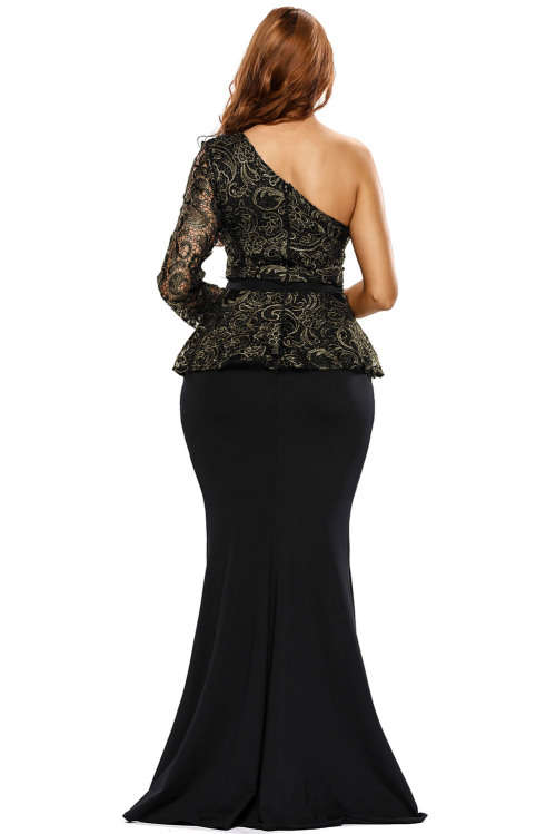 Women's Black Single Shoulder Gold Lace Peplum Maxi Dress Formal Cocktail Party Night Club Evening