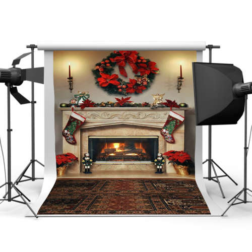 7x5ft Christmas Fireplace Photography Backdrop Vinyl Studio Background Photoprop
