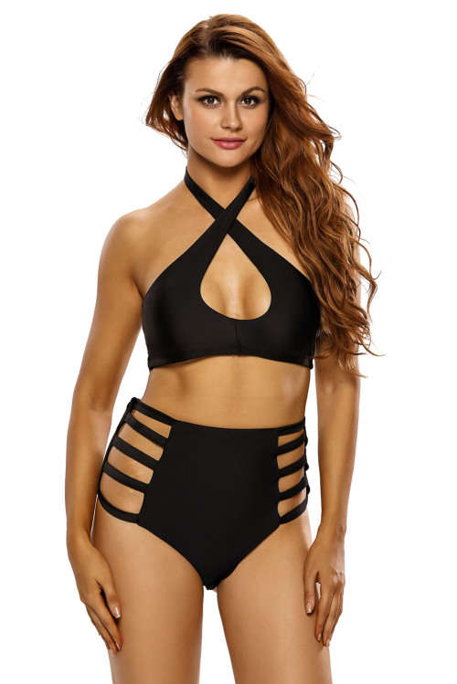 Women's Black Cross Over Front Strappy Side High Waist Two Piece Bikini Swimsuit Swimwear Costume