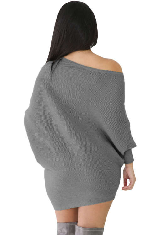 Grey Ribbed Knit Batwing Sleeves Off Shoulder Dress Formal Cocktail Part Night Club Evening Wear