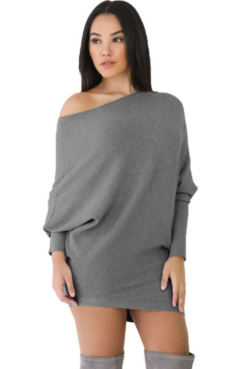 Grey Ribbed Knit Batwing Sleeves Off Shoulder Dress Formal Cocktail Part Night Club Evening Wear