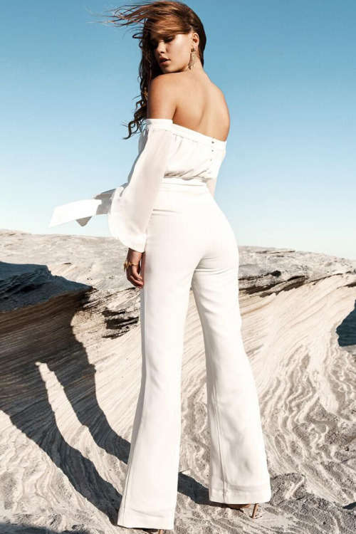 White Off Shoulder Sheer Long Sleeve Wide Leg Jumpsuit