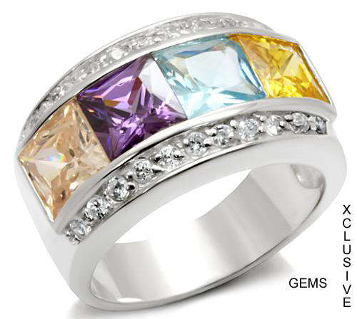 * R35 POSTAGE* 18K WHITE GOLD PLATED MULTI COLOURED SIMULATED DIAMOND LADIES RING