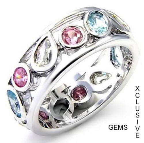 * R35 POSTAGE* 18K WHITE GOLD PLATED MULTI COLOURED SIMULATED DIAMOND LADIES RING