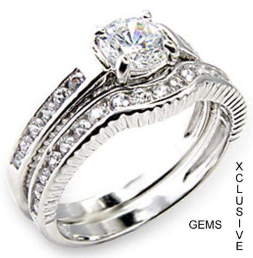 *STUNNING* SIMULATED DIAMOND 18K WHITE GOLD PLATED WEDDING RING SET