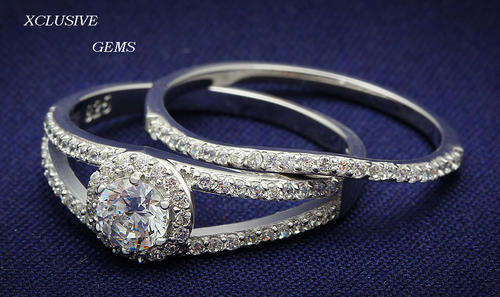 IN STOCK ** 925 HALLMARKED STERLING SILVER SIMULATED DIAMOND WEDDING RING SET