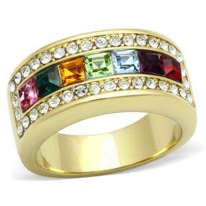 * R35 POSTAGE* YELLOW GOLD PLATED MULTI COLOURED SIMULATED DIAMOND LADIES RING